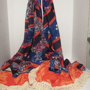 Charming Charlie Fashion Scarf w/Beige Tassel Trim Fall Colors & Abstract Design